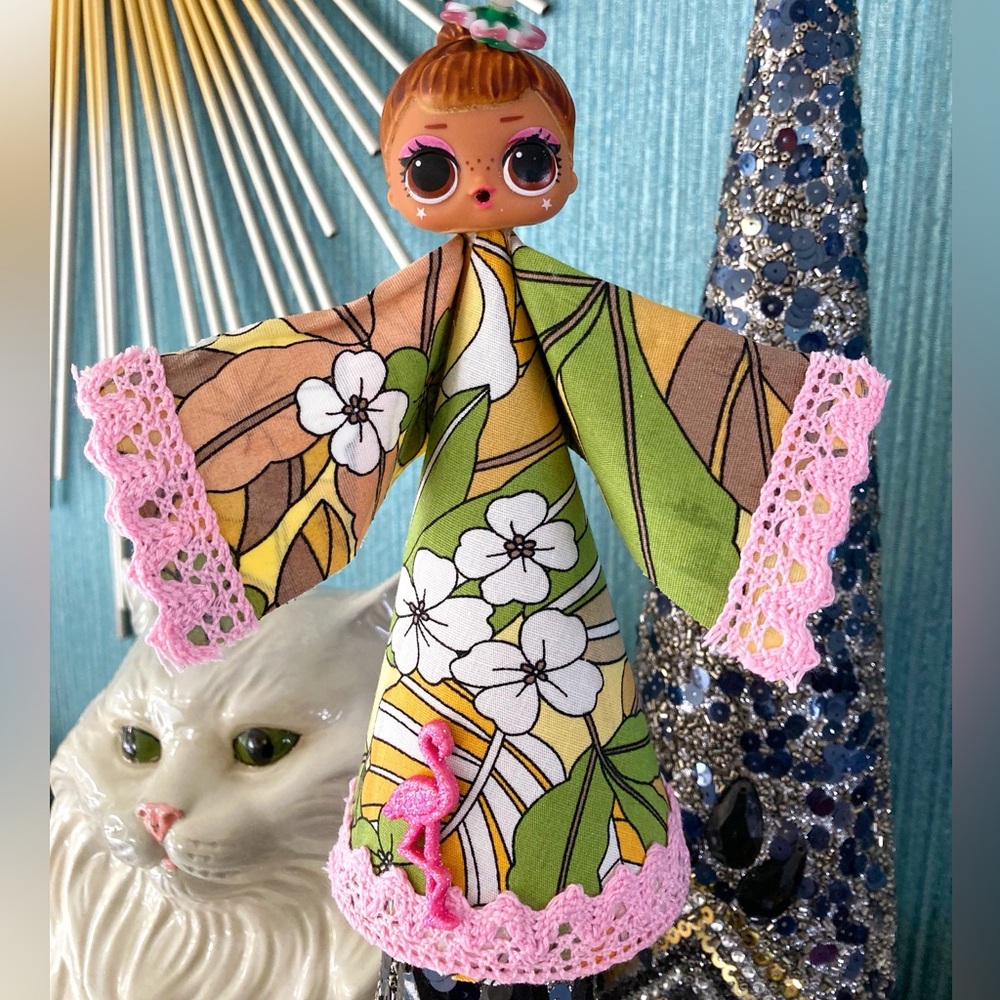 ANGEL TREE TOPPER RETRO DOLL KITCHY BOHEMIAN MCM PALM BEACH STYLE VINTAGE INSPO